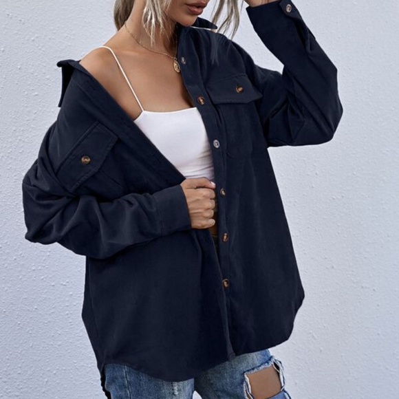 Dusty Blue Boyfriend fit oversized shacket jacket corduroy Minimalist - Picture 3 of 16